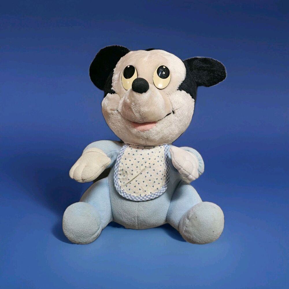 BABY MICKEY MOUSE Disney 💗 Hasbro Softies 11” Plush Blue W/ Bib Vintage 1986
